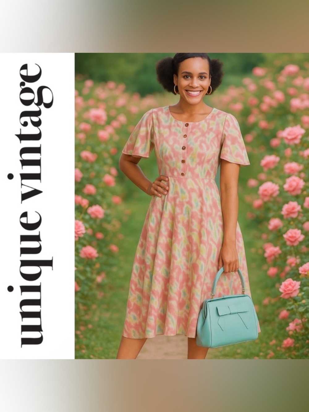 Unique Vintage Pink & Blue 40s Watercolor Festival Freedom Midi Dress, XS, NWT!